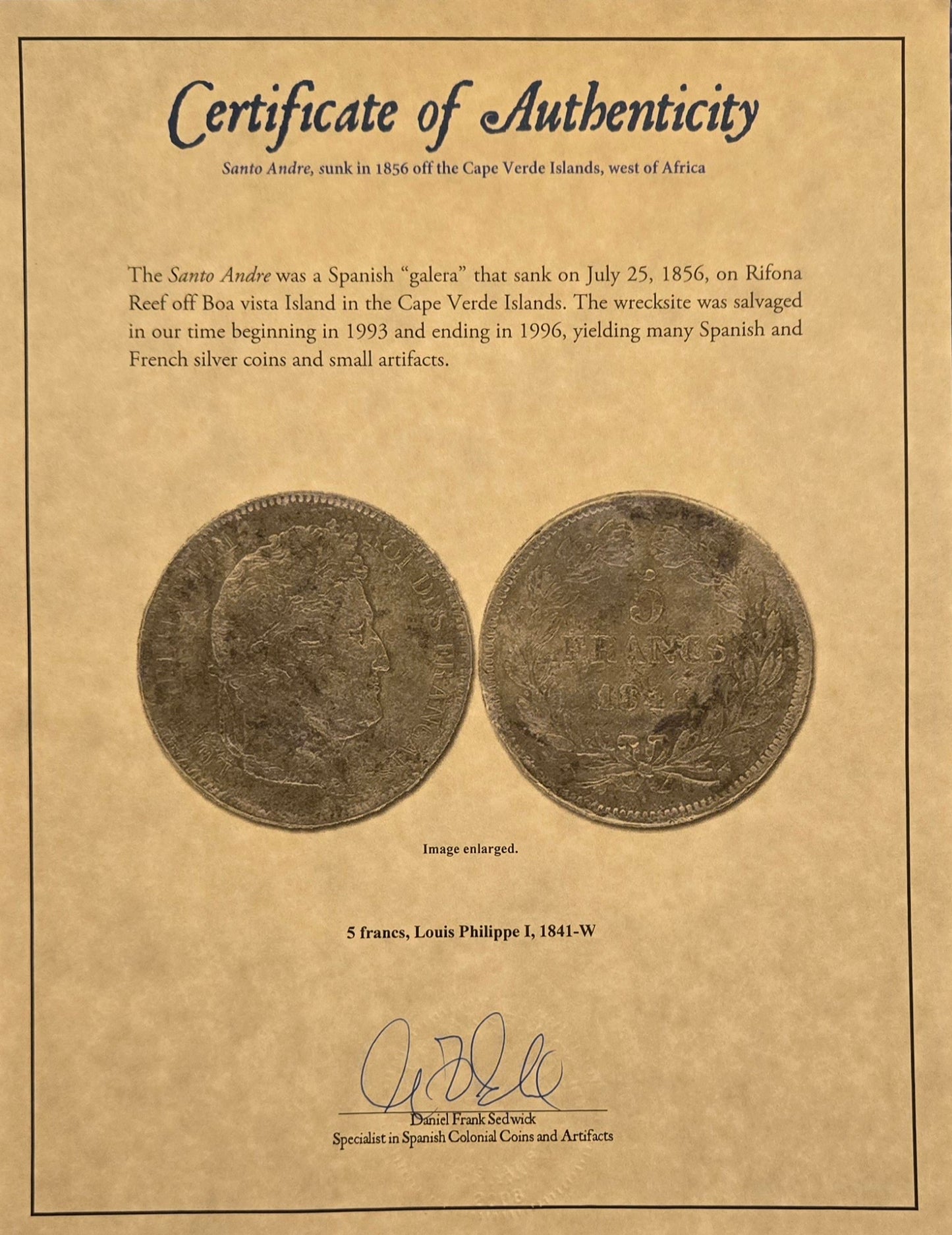 Santo Andre Shipwreck 1841 5 Francs