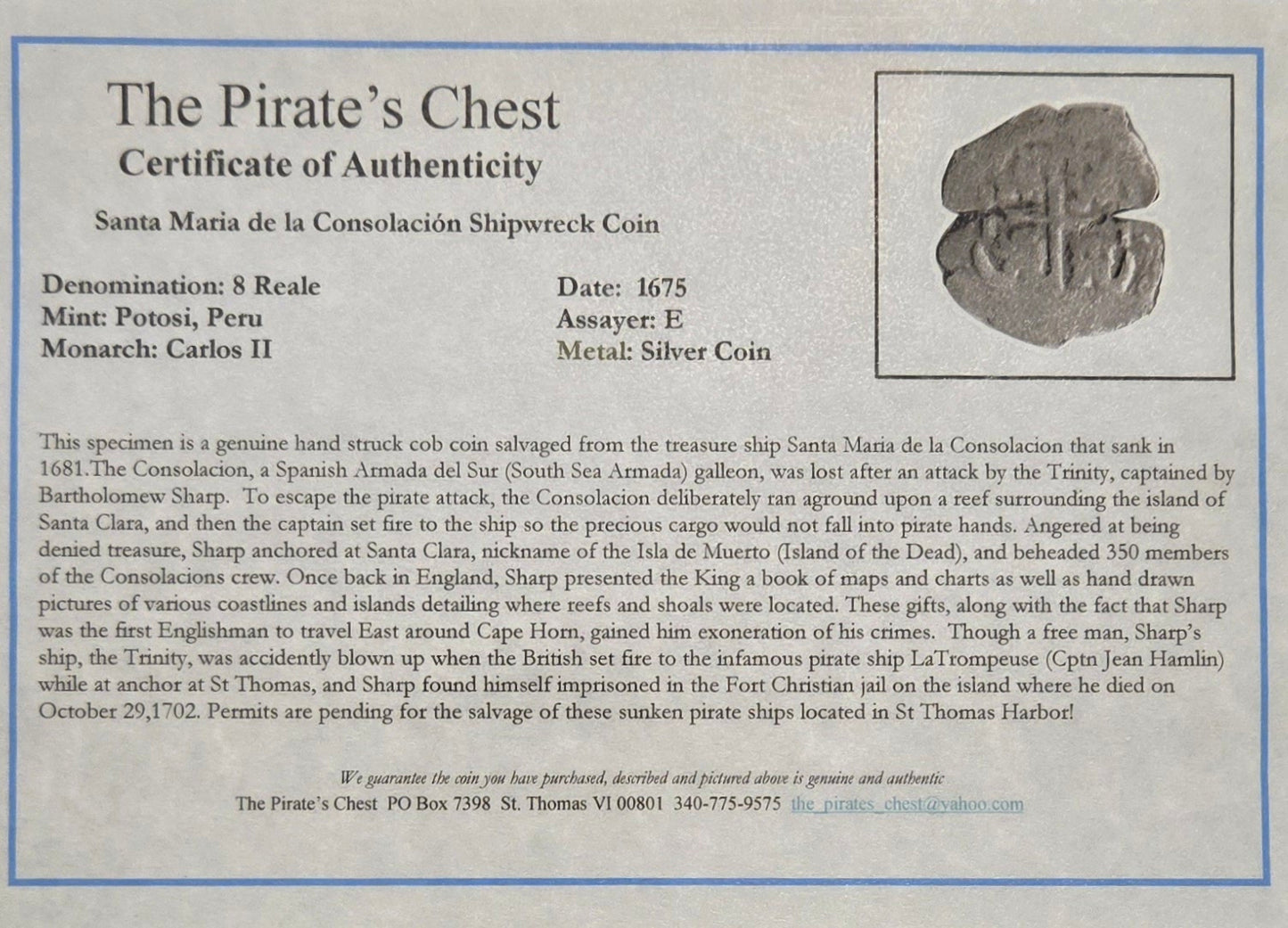 Consolacion Shipwreck 1675E 8 Reale cob