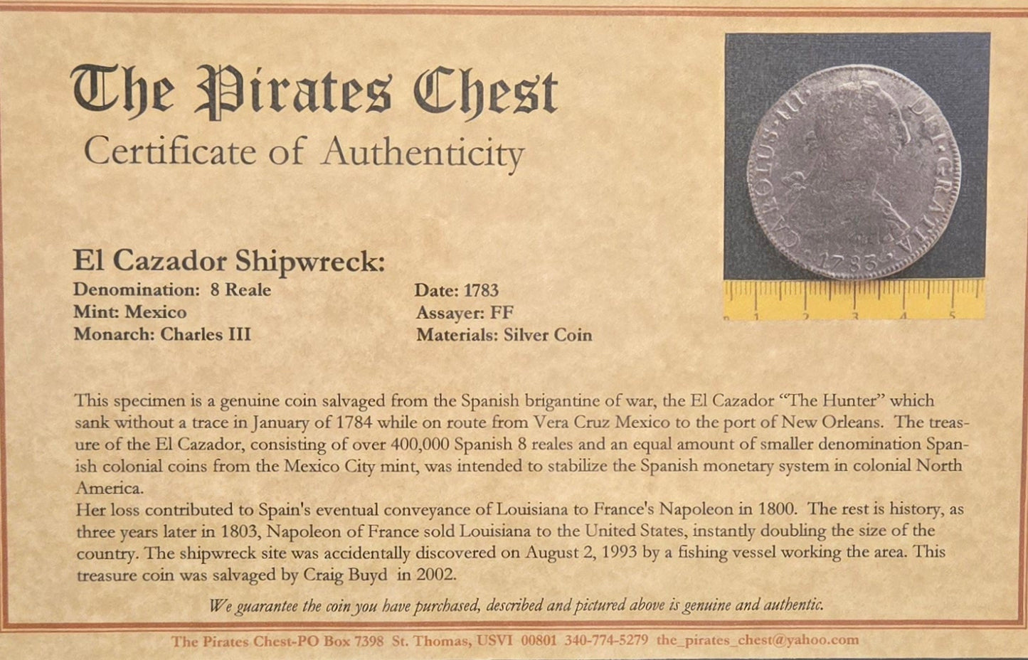 El Cazador Shipwreck 1783 8 Reale