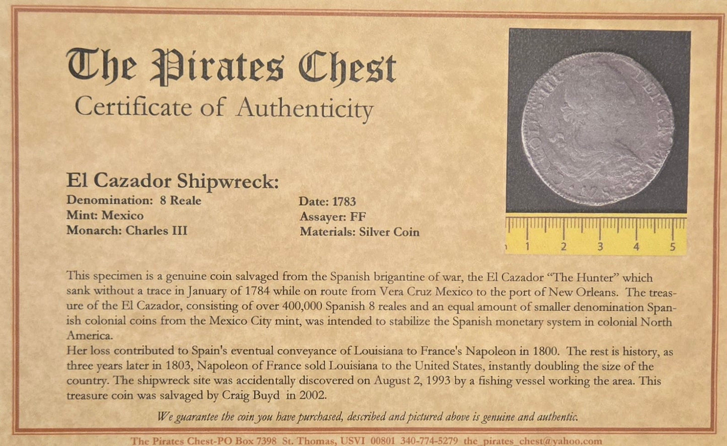 El Cazador Shipwreck 1783 8 Reale
