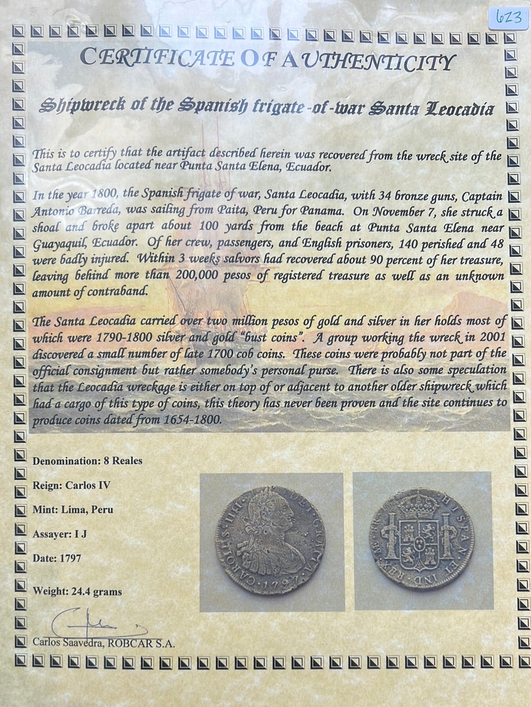 Santa Leocadia Shipwreck 1797 8 Reale Lima, Peru