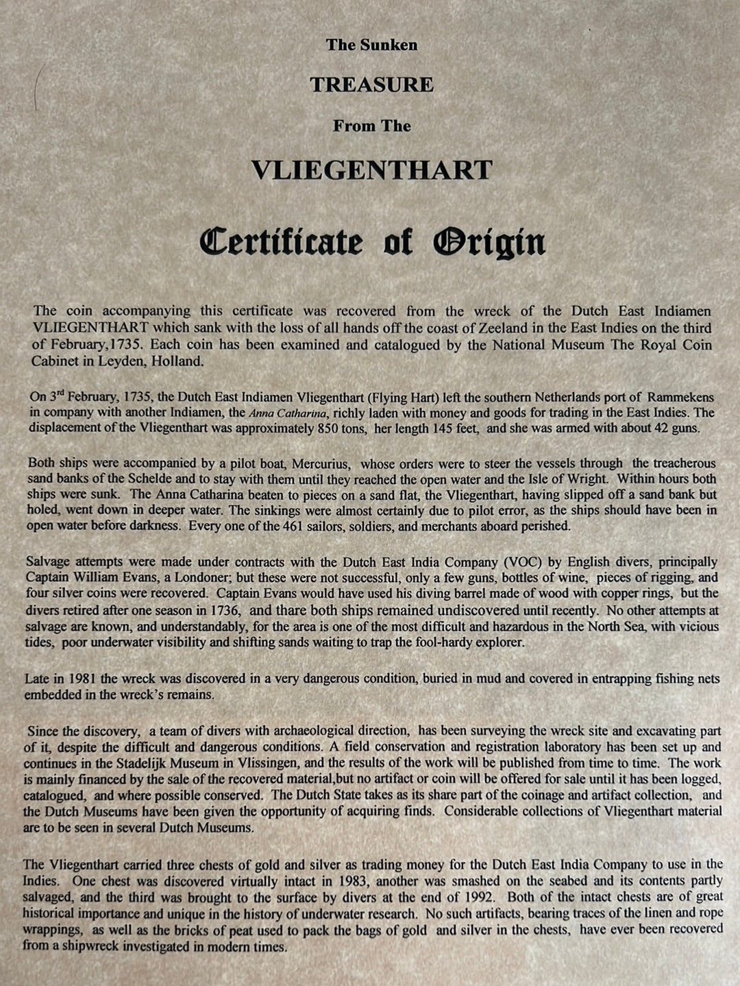 Vliegenthart Shipwreck 1729 West Friesland Ducat