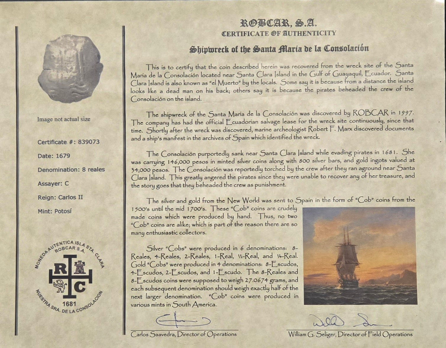 Consolacion Shipwreck 1679 C 8 Reale cob